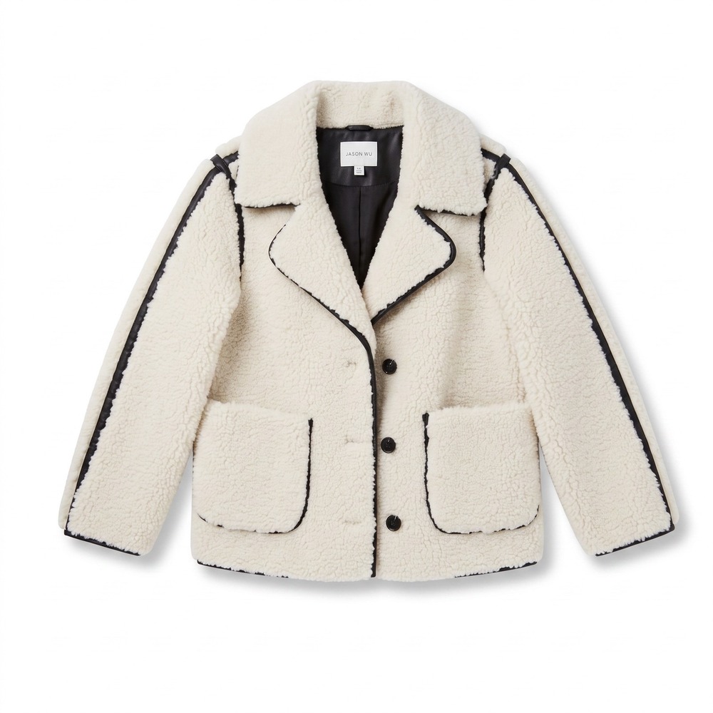 Jason Wu Faux Sherpa Fleece Jacket Women M Teddy Plush Black Contrast Trim Cream